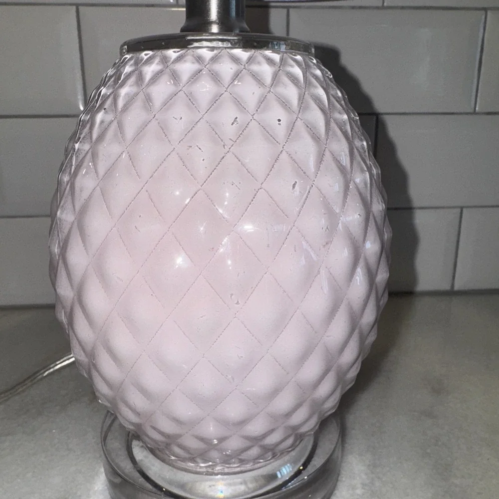 Pink Milk Glass Like Lamp With Clear Lucite Base Pink Embroidered Lamp Shade0041